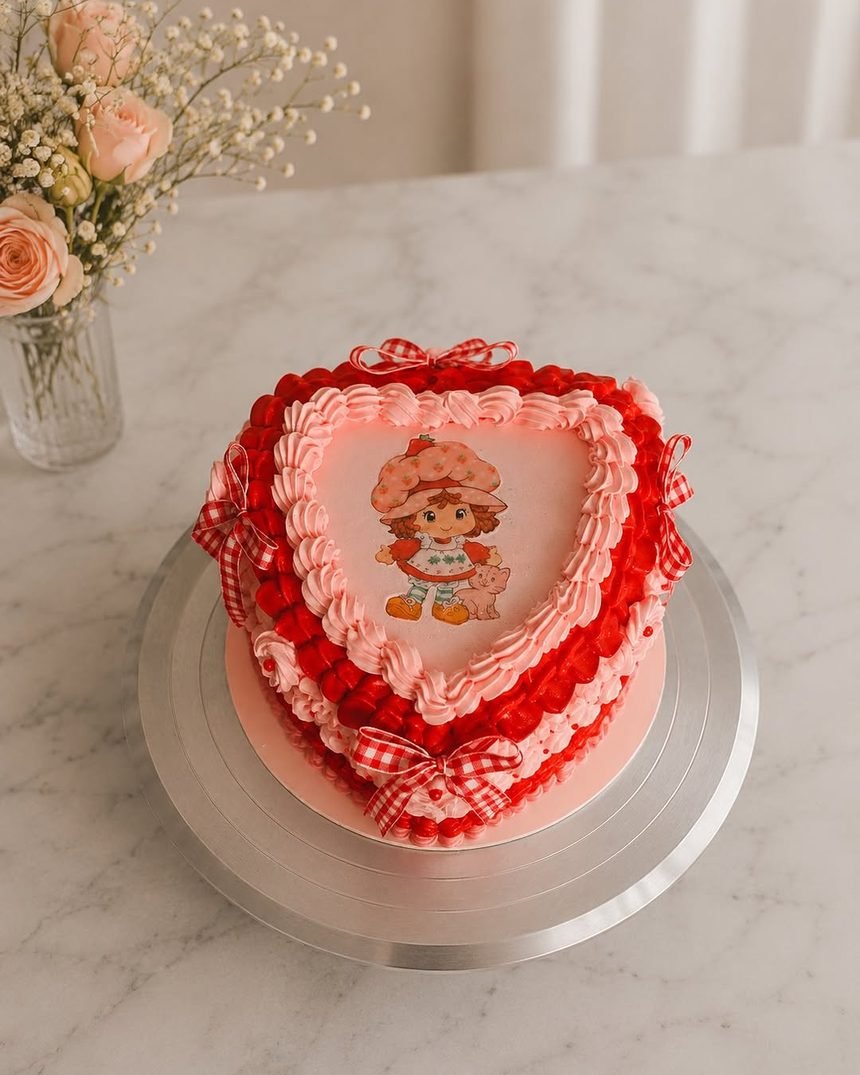 Pastel con forma de corazón en rojo y rosa con vichy
