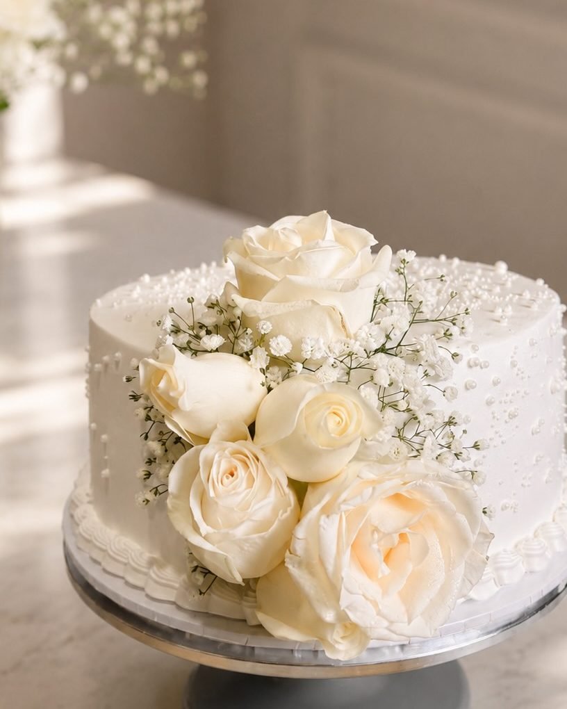 Pastel blanco con rosas naturales y paniculata