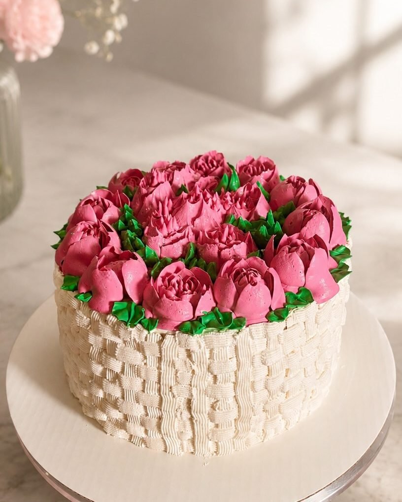 Pastel blanco decorado con rosas de buttercream rosa