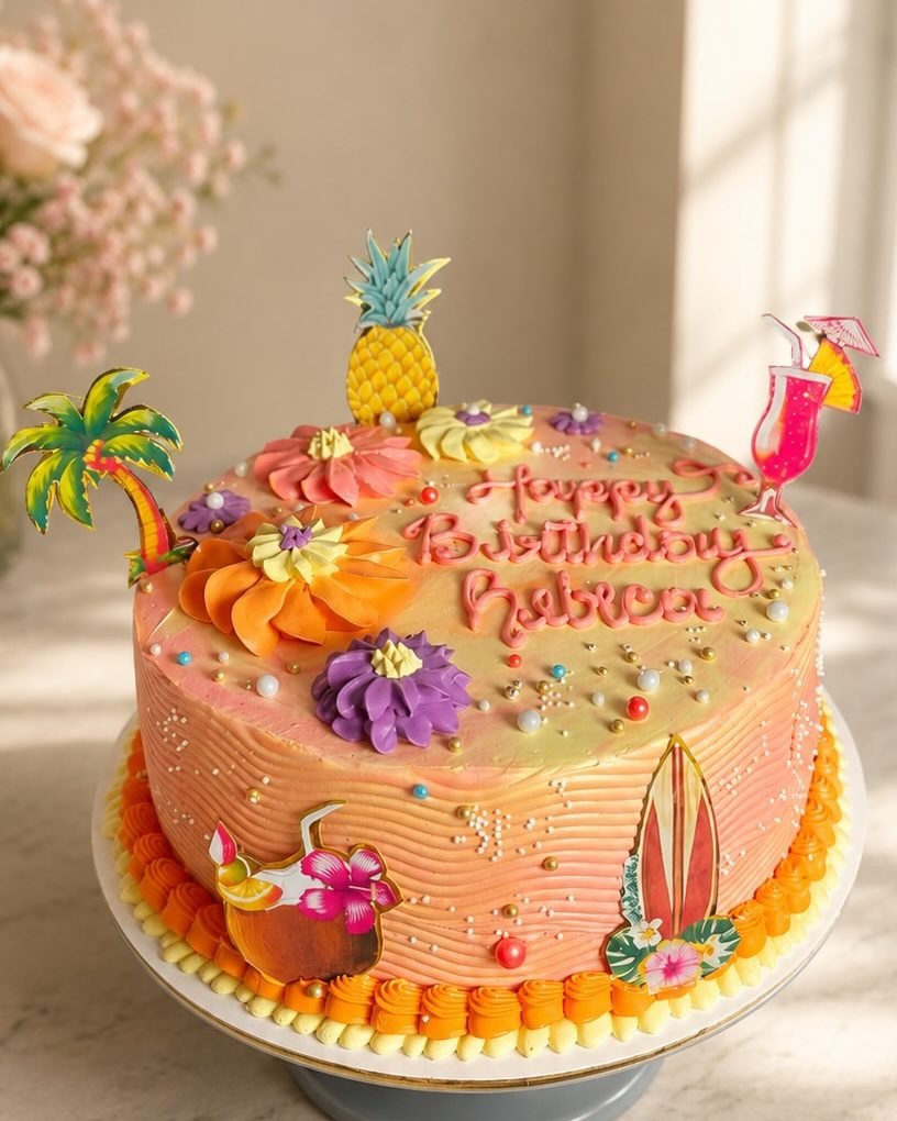 Pastel tropical decorado con piña y flores de colores